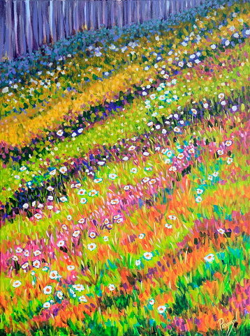 Daisies growing on a country hillside with trees in distant woodland. An original acrylic painting by Judi Parkinson