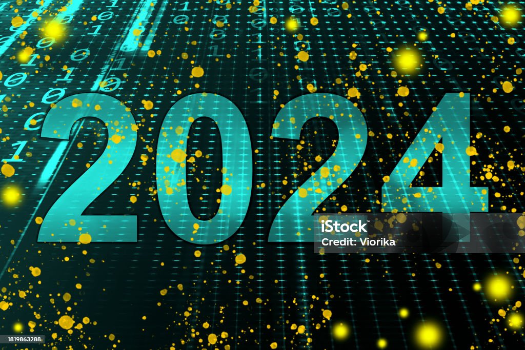 New Year 2024 and binary code background Year 2024 on an abstract flowing binary code background with dotted lines and glowing lights. New Year 2024 celebration concept. 2024 Stock Photo