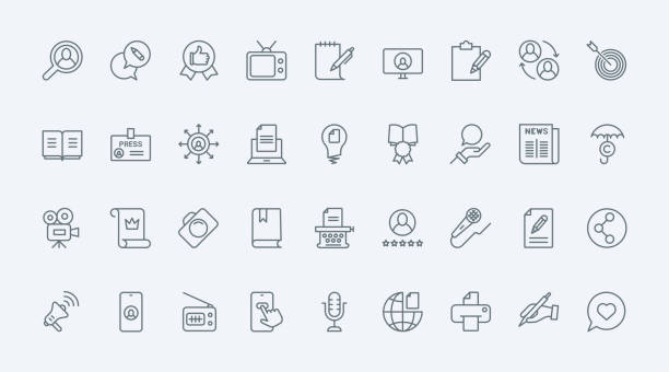 storytelling thin line icons set, symbol des autors, der geschichte erzählt, interview mit journalisten - content informationsmedium stock-grafiken, -clipart, -cartoons und -symbole