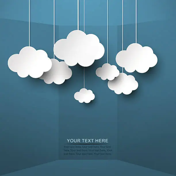 Vector illustration of White clouds hand from strings on blue background