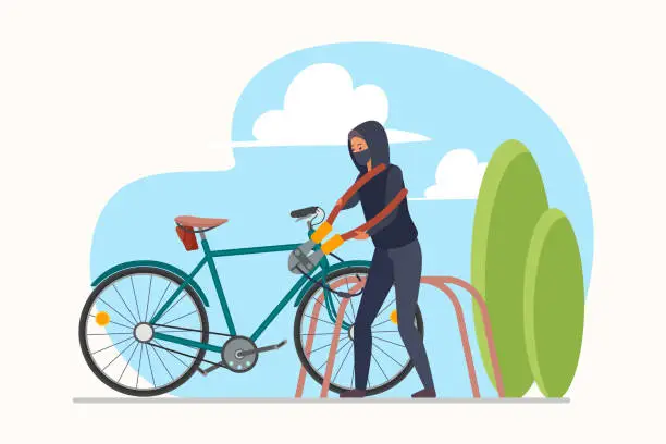 Vector illustration of Bicycle theft by thief on city street, male robber in disguise mask, hoodie picking lock