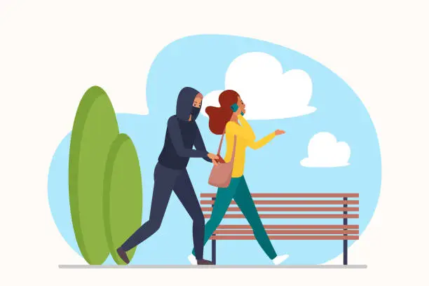Vector illustration of Street wallet theft, woman walking and talking on mobile phone, thief sneaking to steal