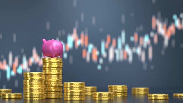 Piggy Bank With Coin Stacks Before Blue Financial Graph