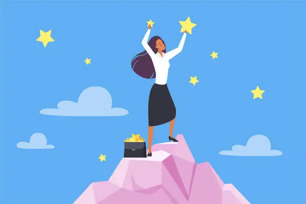 Vector illustration of Success, victory, goal achievement of businesswoman standing on mountain to collect stars