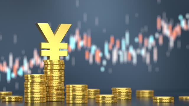 Yen Sign With Coin Stacks Before Blue Financial Graph