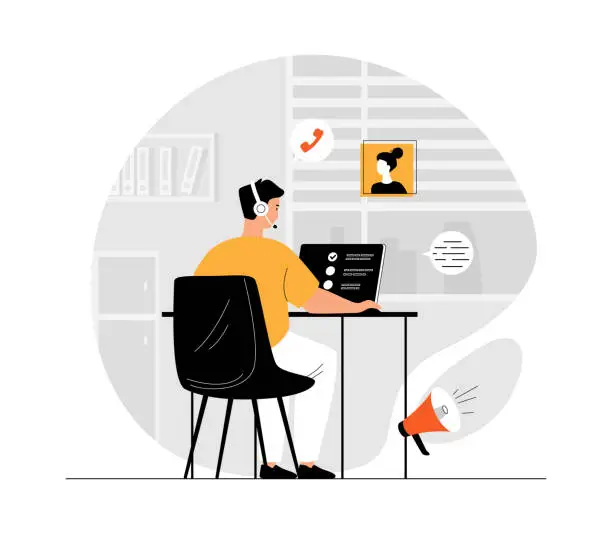 Vector illustration of Outbound marketing concept. Business product promotion. Man works on laptop, calls clients, attracts new customers. Illustration with people scene in flat design for website and mobile development.