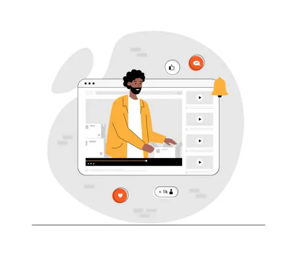 Vector illustration of Social media Influencer blogger creates video content. Video marketer uses video content to reach and engage audiences. Illustration with people scene in flat design for website and mobile development