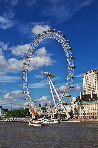 London, United Kingdom - Feb 21, 2018: London Eye in afternoon sun. The giant Ferris wheel is 135 meters tall and the wheel has a diameter of 120 meters.