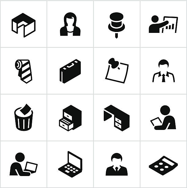 Black Office Icons Black office related icons. All white strokes/shapes are cut from the icons and merged allowing the background to show through. corporate office cubicle stock illustrations