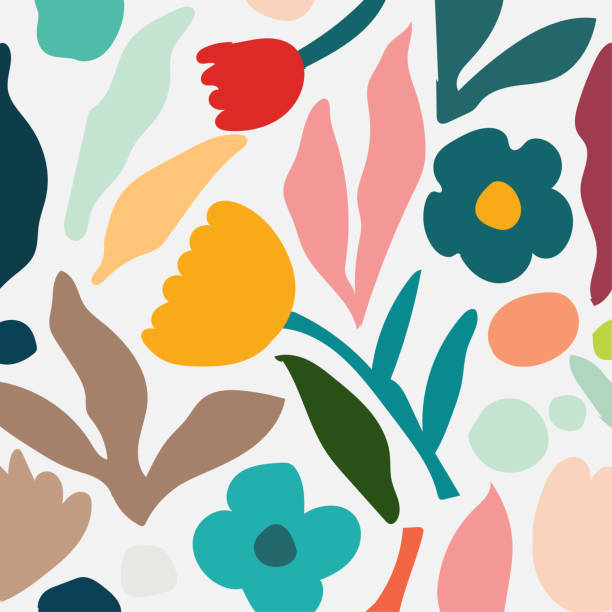 wektor dzieci doodle style kolory liście kwiat bezszwowy wzór ładne pastele tapeta tło - seamless art leaf decor stock illustrations
