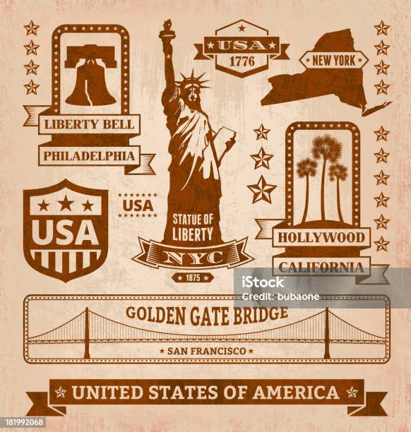 Royalty Free Vector Iconic Usa Grunge Set Stock Illustration - Download Image Now - Liberty Bell - Philadelphia, Philadelphia - Pennsylvania, Statue of Liberty - New York City