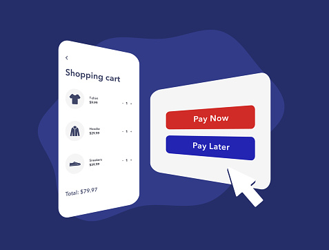 BNPL E-commerce strategy with flexible payment. Buy Now Pay Later Business Payment Method. Credit option without bank card at m-commerce checkout. Vector illustration isolated on blue background