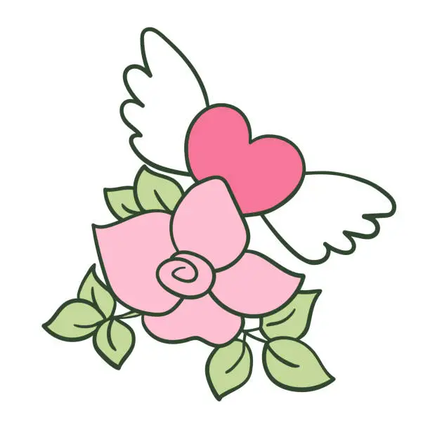 Vector illustration of Flying heart with wings and rose color clipart