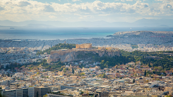 Athens, Greece, November 27th 2023: Aerial Athens cityscape with Acropolis in the distance