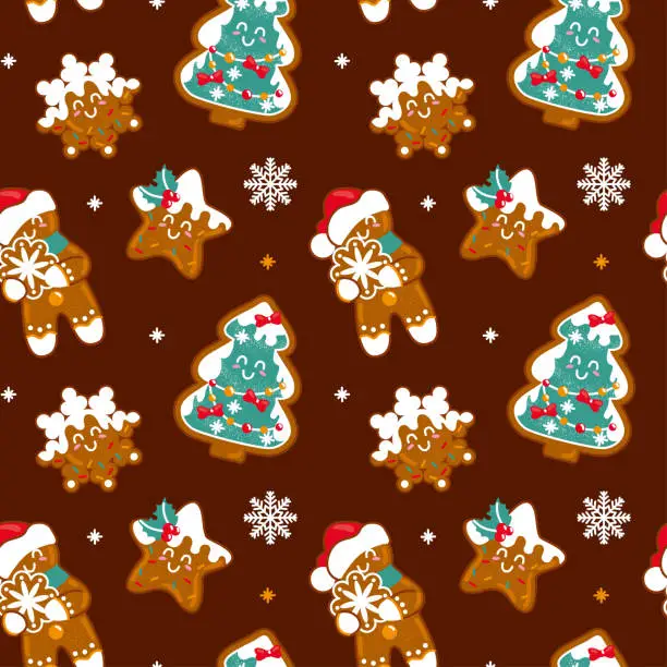 Vector illustration of Gingerbread Man and other traditional christmas cookies. Seamless pattern on a  brown background.