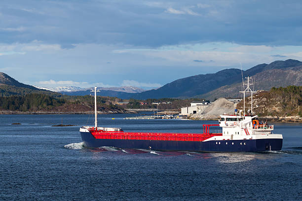 istock Blue and red general cargo ship sails on Norwegian fjord 181996515