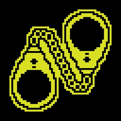 Pixel silhouette icon, metal handcuffs to neutralize criminals. Outfit and equipment of police. Simple black and yellow vector isolated