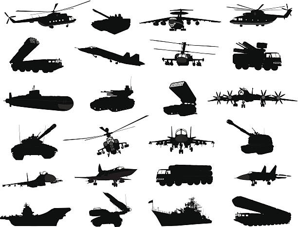 Military set Detailed weapon silhouettes set. Vector naval ship stock illustrations