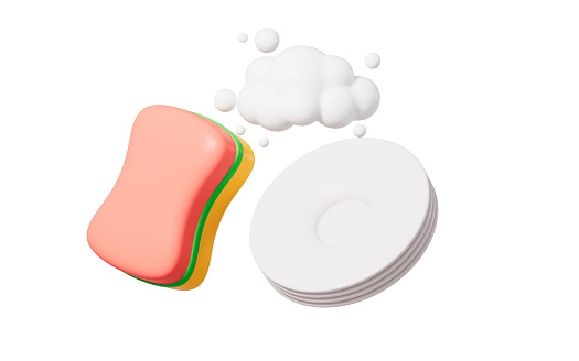Cartoon sponge cleaning dishes, 3d rendering. 3d illustration.
