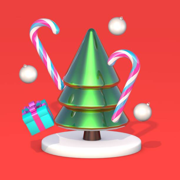 istock Abstract metallic green Christmas tree, two pink and white candy canes, blue gift box with pink ribbon, three white Christmas balls. 3D  render of a Christmas scene on a podium on a red backgroun. 1819985720