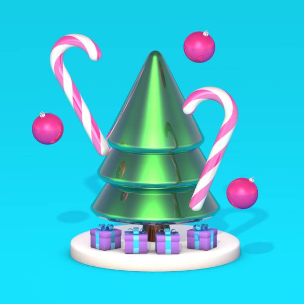 istock Abstract metallic green Christmas tree, two candy canes, lilac gift boxes under the tree, three pink Christmas balls. 3D render of a Christmas scene on a podium on a blue screen. 1819985721