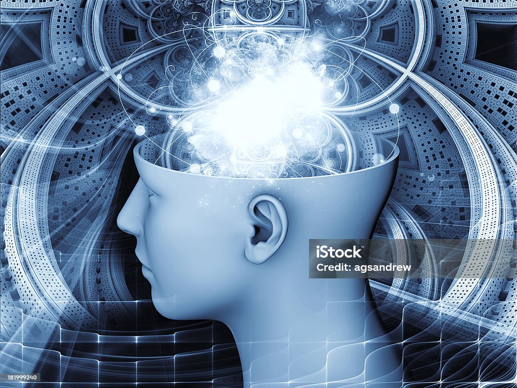 Door to the Mind Backdrop composed of human head and symbolic elements and suitable for use in the projects on human mind, consciousness, imagination, science and creativity Adult Stock Photo