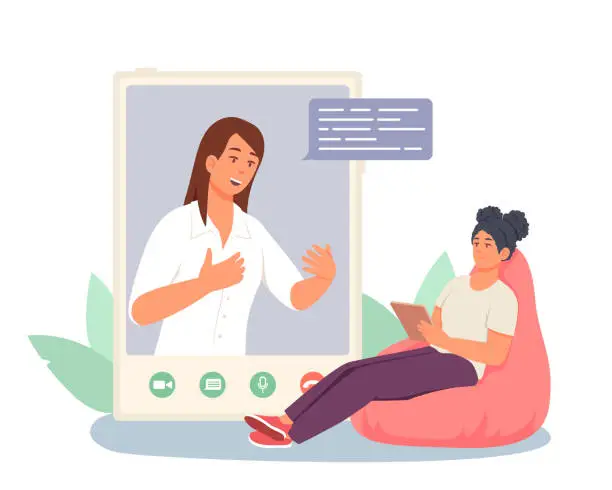 Vector illustration of Young female holding tablet, sitting on armchair and talking with medical worker