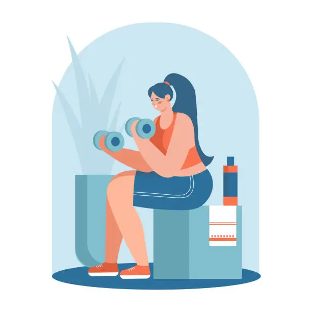 Vector illustration of Woman holding dumbbells and doing exercise for arm muscles while sitting