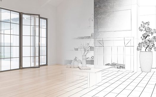 A side view of an unfurnished, cozy, and empty modern living room with an empty space for a TV on a wall background (with copy space above the design-shaped marble modern fireplace in the middle on the hardwood floor. Large french windows with doors opened to a patio. A slight vintage effect was added. Half an architectural sketch (plan of an architect for a client) half 3D rendered image.