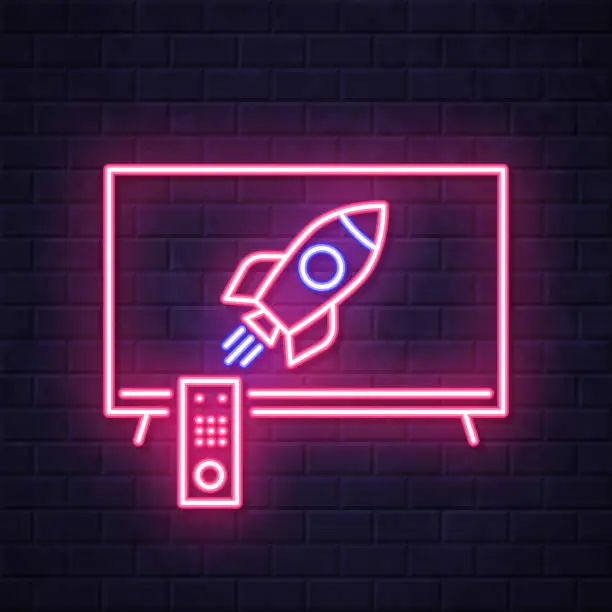 Vector illustration of TV with rocket. Glowing neon icon on brick wall background