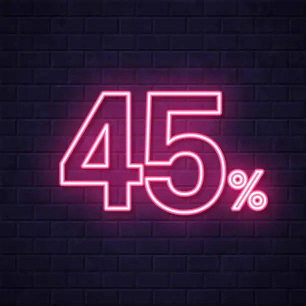 Vector illustration of 45% - Forty-five percent. Glowing neon icon on brick wall background