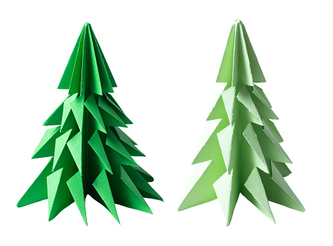 Green Origami Christmas pine tree, isolated on white or transparent background cutout.