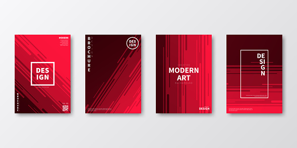 Set of four vertical brochure templates with modern and trendy backgrounds, isolated on blank background. Abstract illustrations in speed motion style with lots of lines and beautiful color gradient (colors used: Red, Black). Can be used for different designs, such as brochure, cover design, magazine, business annual report, flyer, leaflet, presentations... Template for your own design, with space for your text. The layers are named to facilitate your customization. Vector Illustration (EPS file, well layered and grouped). Easy to edit, manipulate, resize or colorize. Vector and Jpeg file of different sizes.