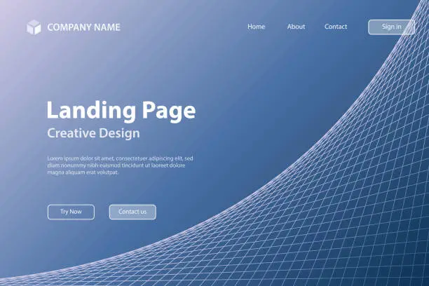 Vector illustration of Landing page Template - Blue geometric background with curved 3D grid