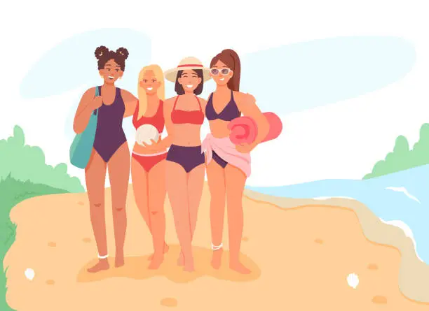 Vector illustration of Smiling beautiful girls come beach. Young people in swimming suits spending time outside