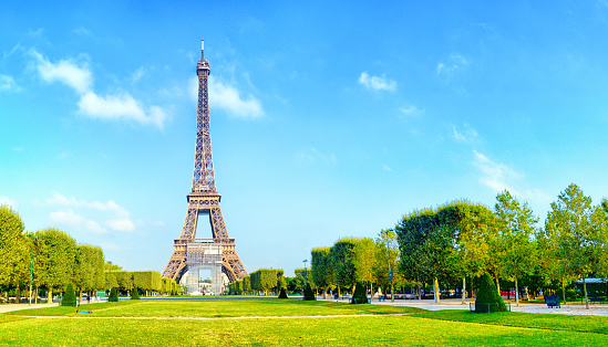 Panoramic shot of Eiffel Tower and Champ-de-Mars in Paris, France