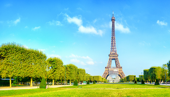 Panoramic shot of Eiffel Tower and Champ-de-Mars in Paris, France