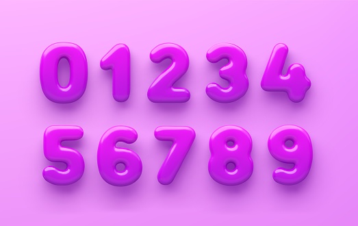3D Purple number 1,2,3,4,5,6,7,8,9 and null with a glossy surface on a purple background.