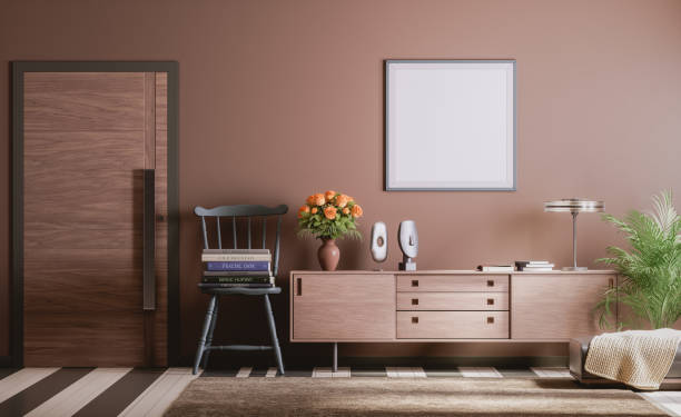 istock Poster frame mockup interior scene. A single square poster frame on the wall. wide shot interior room with furniture and single exterior door. 3d rendering. 1820042580