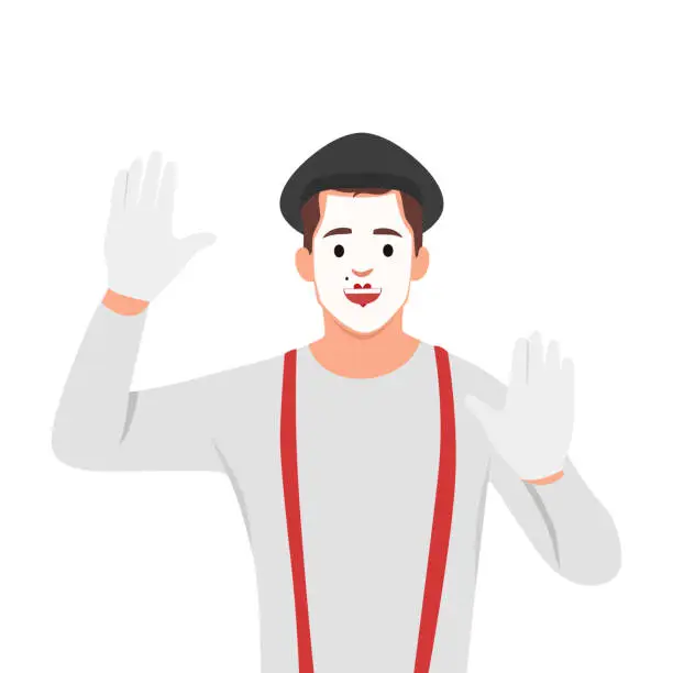 Vector illustration of Mime cartoon character performing pantomime called Behind the wall. Flat style.