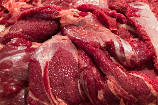 carne de búfalo cortada em pedaços ingrediente culinário popular do povo do laos - charolais cattle metal grate cow summer - fotografias e filmes do acervo
