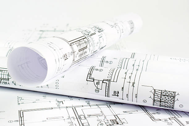 część projektu architektonicznego - blueprint rolled up scroll plan zdjęcia i obrazy z banku zdjęć