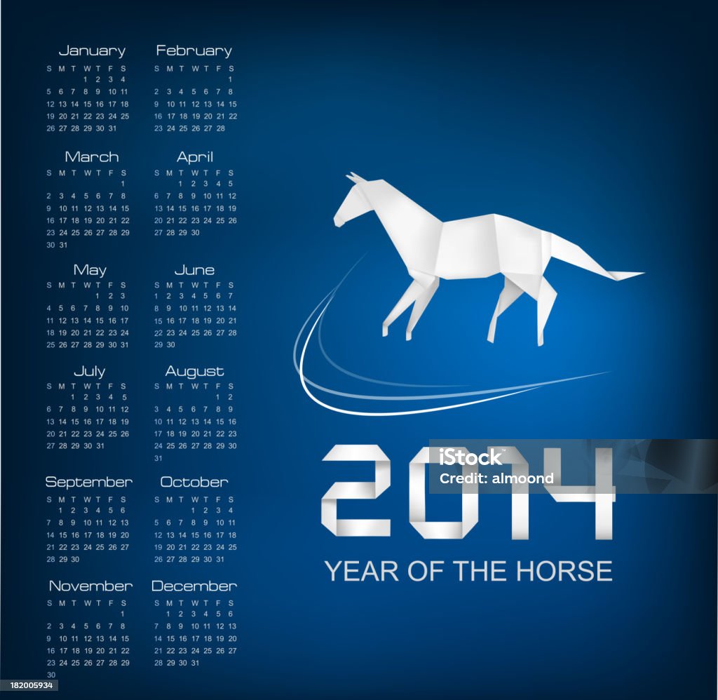 Calendrier pour l'année 2014.  Origami cheval.  Vecteur. - clipart vectoriel de 2014 libre de droits