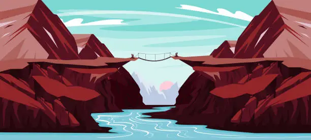 Vector illustration of Vector illustration of a beautiful bridge over the canyon. Cartoon mountains landscape with a river in the middle of a canyon through which an old wooden bridge passes.