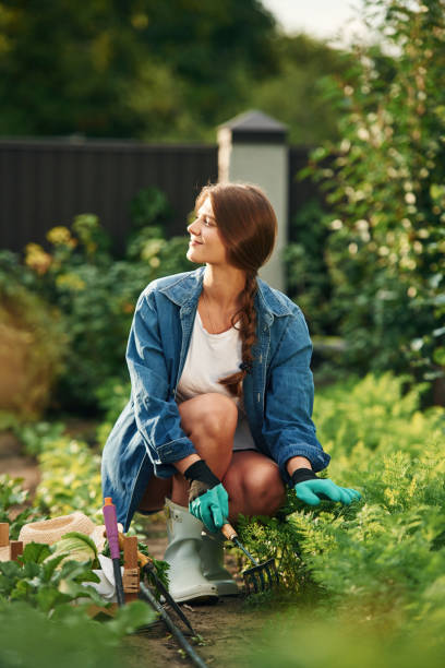 istock Front view, busy by work. Beautiful young woman is gardening 1820068546