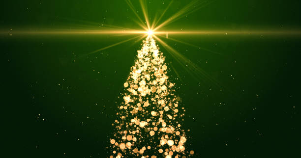istock Bright Christmas tree with twinkling lights and stars on green background 1820073626