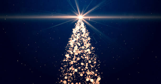 istock Bright Christmas tree with twinkling lights and stars on blue background 1820073631