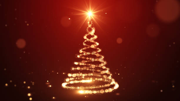 istock Christmas tree animation with lights particles and snowflakes on RED 1820073849
