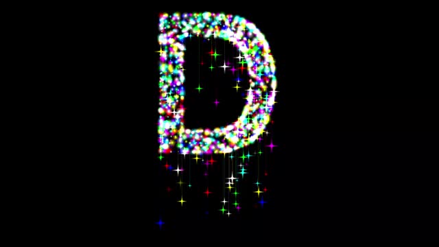 English alphabet D with colorful sparkles and falling stars on plain black background