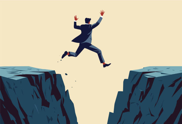 Vector illustration of businessman jumping over the abyss, financial risk, hallenge, success and leadership concept Vector illustration of businessman jumping over the abyss, financial risk, hallenge, success and leadership concept leap of faith stock illustrations